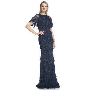 NWT Theia Flutter Sleeve Petal Applique Maxi Length Gown in Midnight